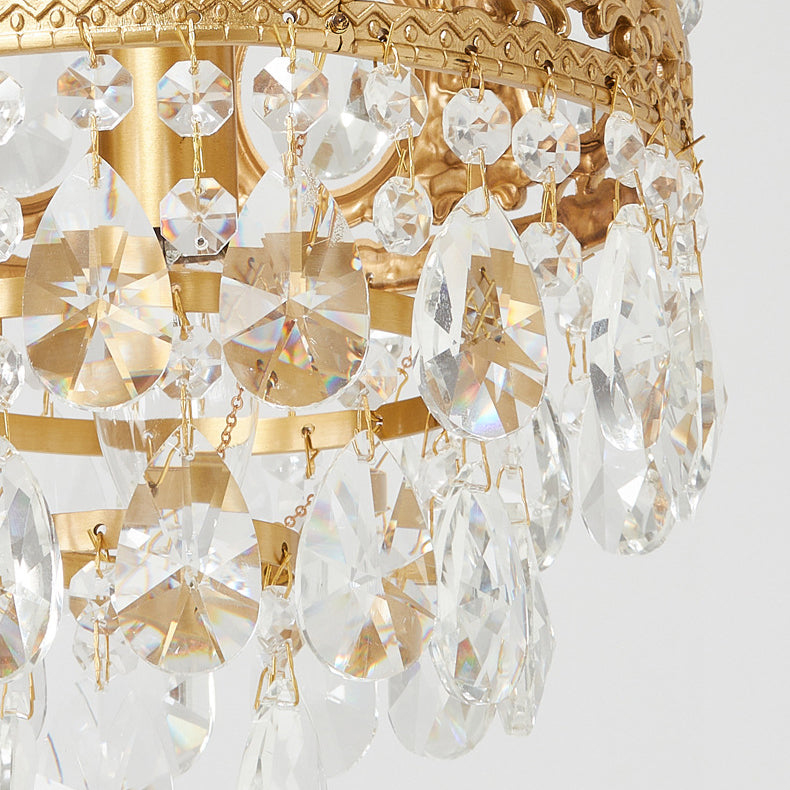 Traditionelle französische runde Krone Diamant Kristall Messingrahmen 1-Licht Pendelleuchte für Wohnzimmer 