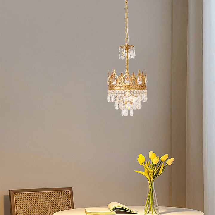 Traditionelle französische runde Krone Diamant Kristall Messingrahmen 1-Licht Pendelleuchte für Wohnzimmer 
