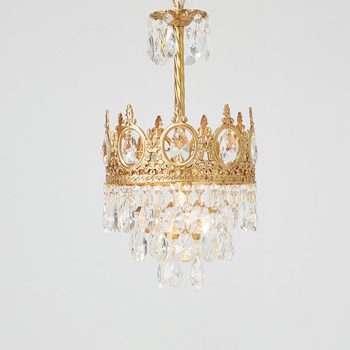 Traditionelle französische runde Krone Diamant Kristall Messingrahmen 1-Licht Pendelleuchte für Wohnzimmer 