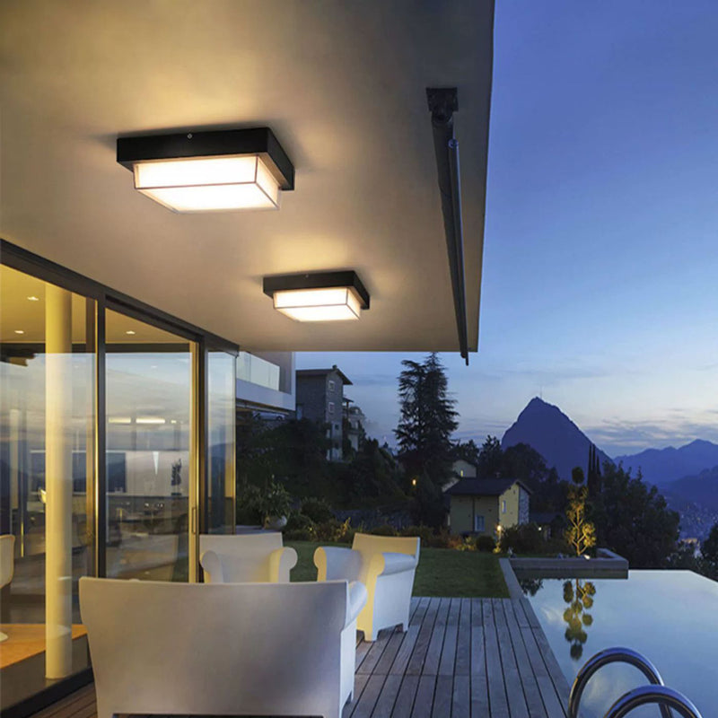 Modern Minimalist Outdoor Waterproof Square Aluminum Frame PC Shade LED Flush Mount Ceiling Light For Outdoor Patio