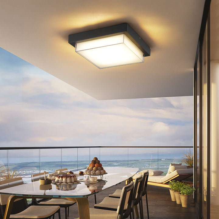 Lumière de plafond LED encastrée avec cadre en aluminium carré minimaliste moderne, imperméable et abat-jour PC pour patio extérieur 