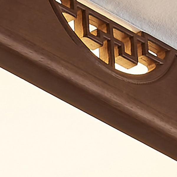 Traditional Chinese Square Rectangle Walnut Grain Rubber Wood Hardware PVC Shade LED Flush Mount Ceiling Light For Living Room