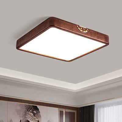 Traditional Chinese Square Rectangle Walnut Grain Rubber Wood Hardware PVC Shade LED Flush Mount Ceiling Light For Living Room
