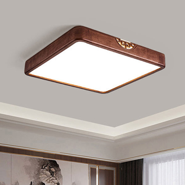 Traditional Chinese Square Rectangle Walnut Grain Rubber Wood Hardware PVC Shade LED Flush Mount Ceiling Light For Living Room