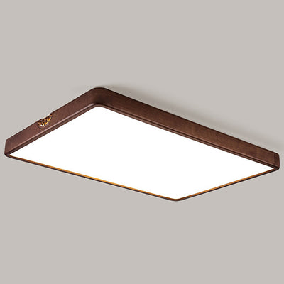 Traditional Chinese Square Rectangle Walnut Grain Rubber Wood Hardware PVC Shade LED Flush Mount Ceiling Light For Living Room