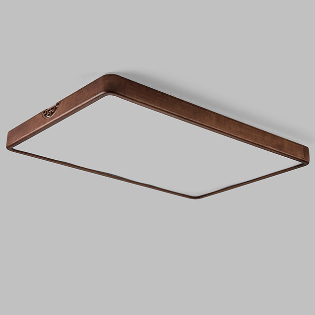 Traditional Chinese Square Rectangle Walnut Grain Rubber Wood Hardware PVC Shade LED Flush Mount Ceiling Light For Living Room