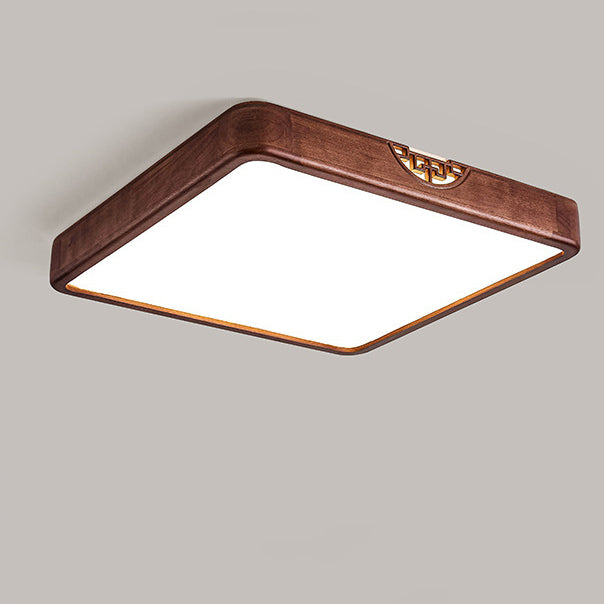 Traditional Chinese Square Rectangle Walnut Grain Rubber Wood Hardware PVC Shade LED Flush Mount Ceiling Light For Living Room