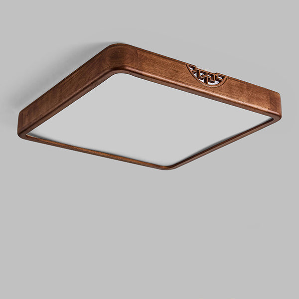 Traditional Chinese Square Rectangle Walnut Grain Rubber Wood Hardware PVC Shade LED Flush Mount Ceiling Light For Living Room