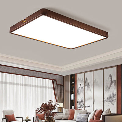 Traditional Chinese Square Rectangle Walnut Grain Rubber Wood Hardware PVC Shade LED Flush Mount Ceiling Light For Living Room
