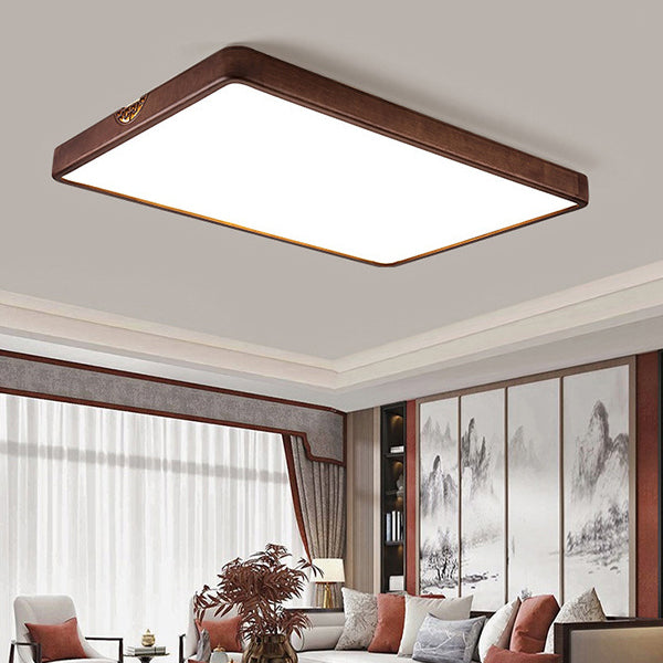 Traditional Chinese Square Rectangle Walnut Grain Rubber Wood Hardware PVC Shade LED Flush Mount Ceiling Light For Living Room