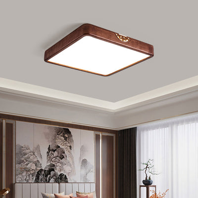 Traditional Chinese Square Rectangle Walnut Grain Rubber Wood Hardware PVC Shade LED Flush Mount Ceiling Light For Living Room