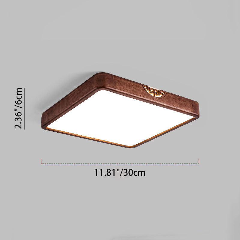 Traditional Chinese Square Rectangle Walnut Grain Rubber Wood Hardware PVC Shade LED Flush Mount Ceiling Light For Living Room