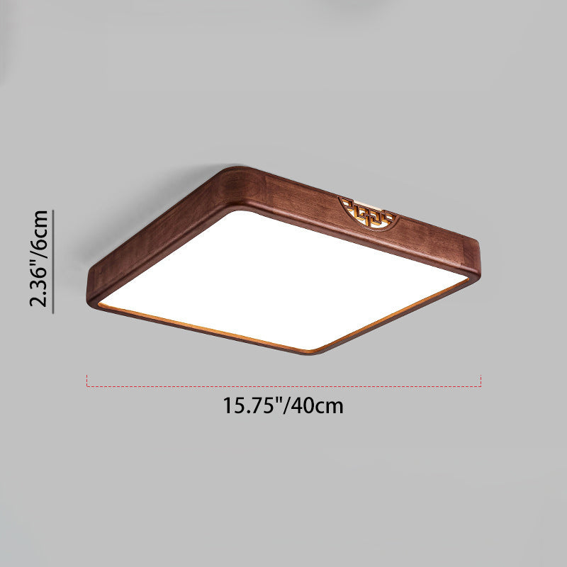 Traditional Chinese Square Rectangle Walnut Grain Rubber Wood Hardware PVC Shade LED Flush Mount Ceiling Light For Living Room