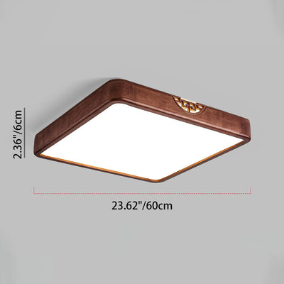 Traditional Chinese Square Rectangle Walnut Grain Rubber Wood Hardware PVC Shade LED Flush Mount Ceiling Light For Living Room