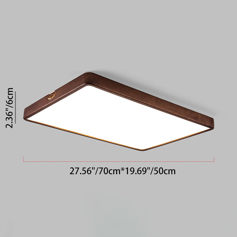 Traditional Chinese Square Rectangle Walnut Grain Rubber Wood Hardware PVC Shade LED Flush Mount Ceiling Light For Living Room