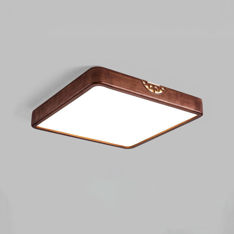 Traditional Chinese Square Rectangle Walnut Grain Rubber Wood Hardware PVC Shade LED Flush Mount Ceiling Light For Living Room