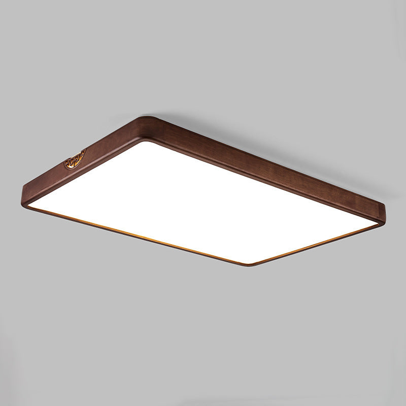 Traditional Chinese Square Rectangle Walnut Grain Rubber Wood Hardware PVC Shade LED Flush Mount Ceiling Light For Living Room
