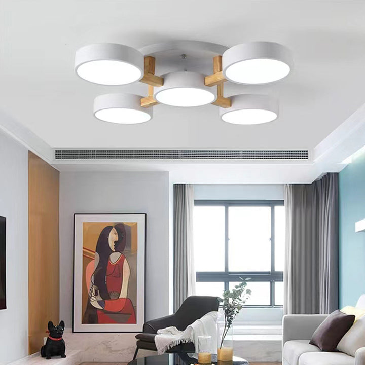 Luz de techo LED semi-empotrada moderna minimalista redonda de hierro, madera y acrílico para sala de estar 