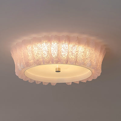 Contemporary Nordic Round Lace Iron Frame PVC Shade LED Flush Mount Ceiling Light For Bedroom