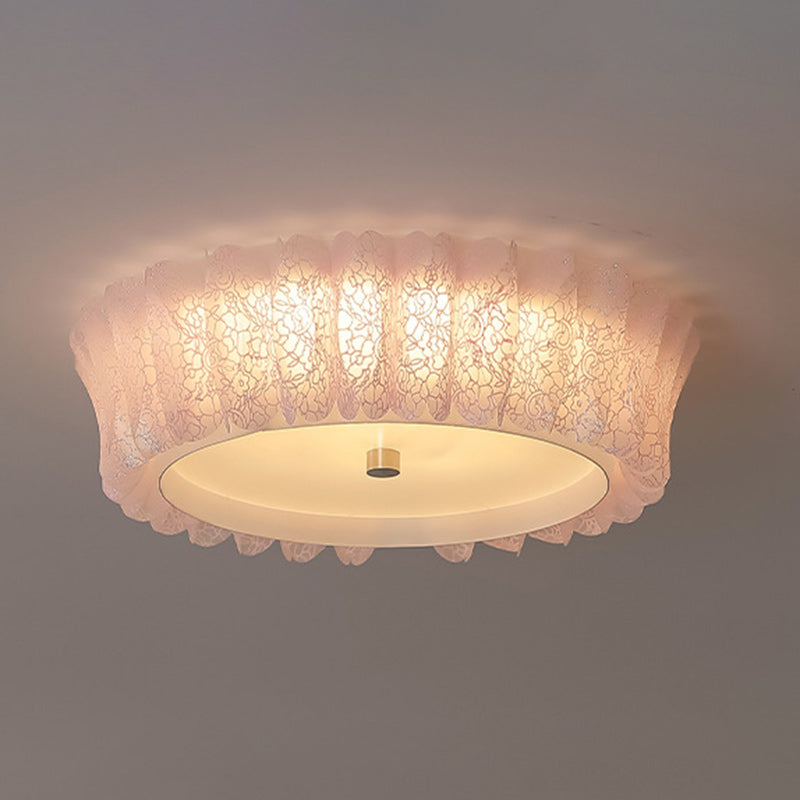 Contemporary Nordic Round Lace Iron Frame PVC Shade LED Flush Mount Ceiling Light For Bedroom