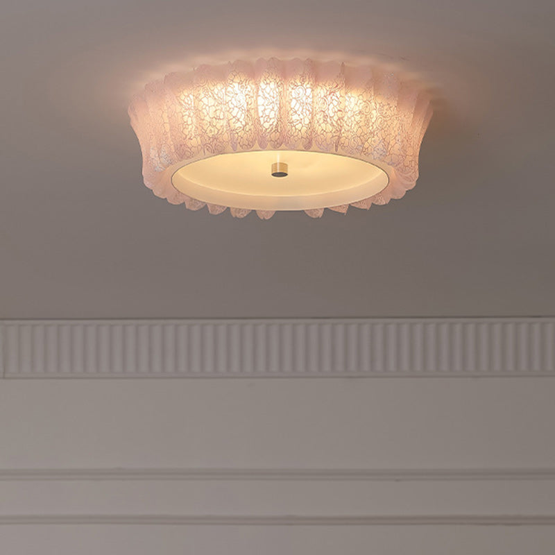 Contemporary Nordic Round Lace Iron Frame PVC Shade LED Flush Mount Ceiling Light For Bedroom