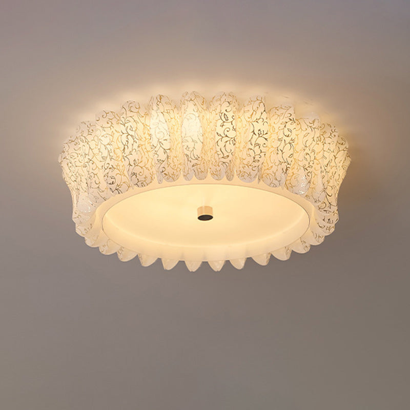 Contemporary Nordic Round Lace Iron Frame PVC Shade LED Flush Mount Ceiling Light For Bedroom