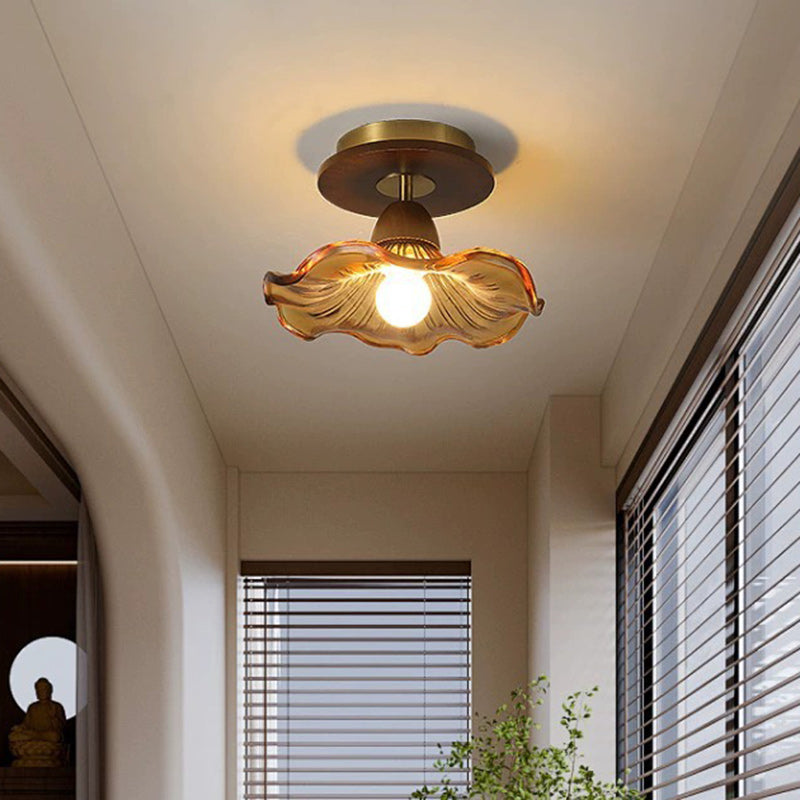 Moderne Mid-Century runde quadratische Spitzen-Gummi-Holz-Eisen-Glas 1-Licht-Halbeinbau-Deckenleuchte für das Wohnzimmer 