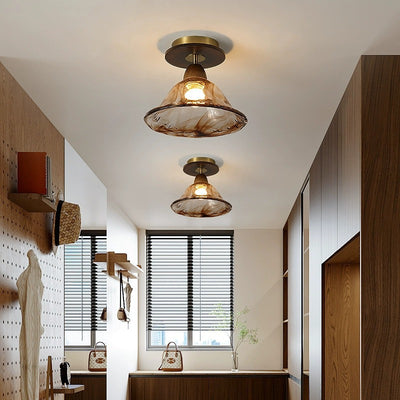 Moderne Mid-Century runde quadratische Spitzen-Gummi-Holz-Eisen-Glas 1-Licht-Halbeinbau-Deckenleuchte für das Wohnzimmer 