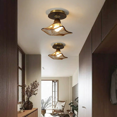 Moderne Mid-Century runde quadratische Spitzen-Gummi-Holz-Eisen-Glas 1-Licht-Halbeinbau-Deckenleuchte für das Wohnzimmer 