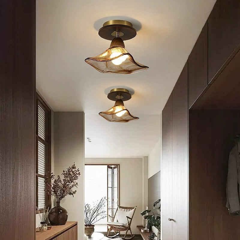 Moderne Mid-Century runde quadratische Spitzen-Gummi-Holz-Eisen-Glas 1-Licht-Halbeinbau-Deckenleuchte für das Wohnzimmer 