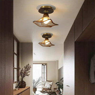 Moderne Mid-Century runde quadratische Spitzen-Gummi-Holz-Eisen-Glas 1-Licht-Halbeinbau-Deckenleuchte für das Wohnzimmer 