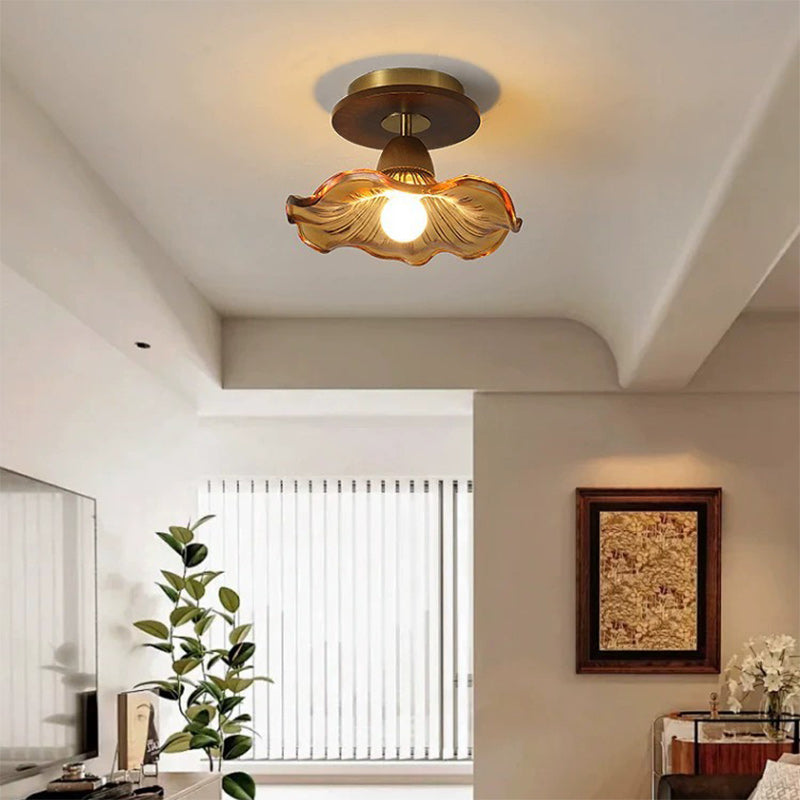 Moderne Mid-Century runde quadratische Spitzen-Gummi-Holz-Eisen-Glas 1-Licht-Halbeinbau-Deckenleuchte für das Wohnzimmer 
