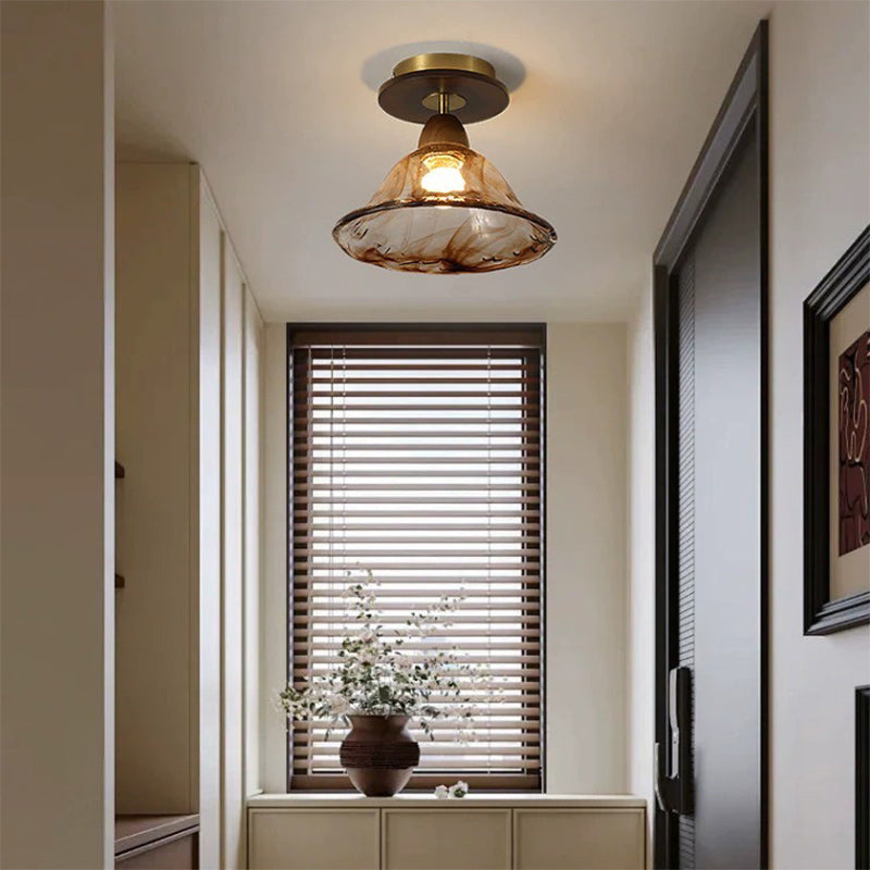 Moderne Mid-Century runde quadratische Spitzen-Gummi-Holz-Eisen-Glas 1-Licht-Halbeinbau-Deckenleuchte für das Wohnzimmer 