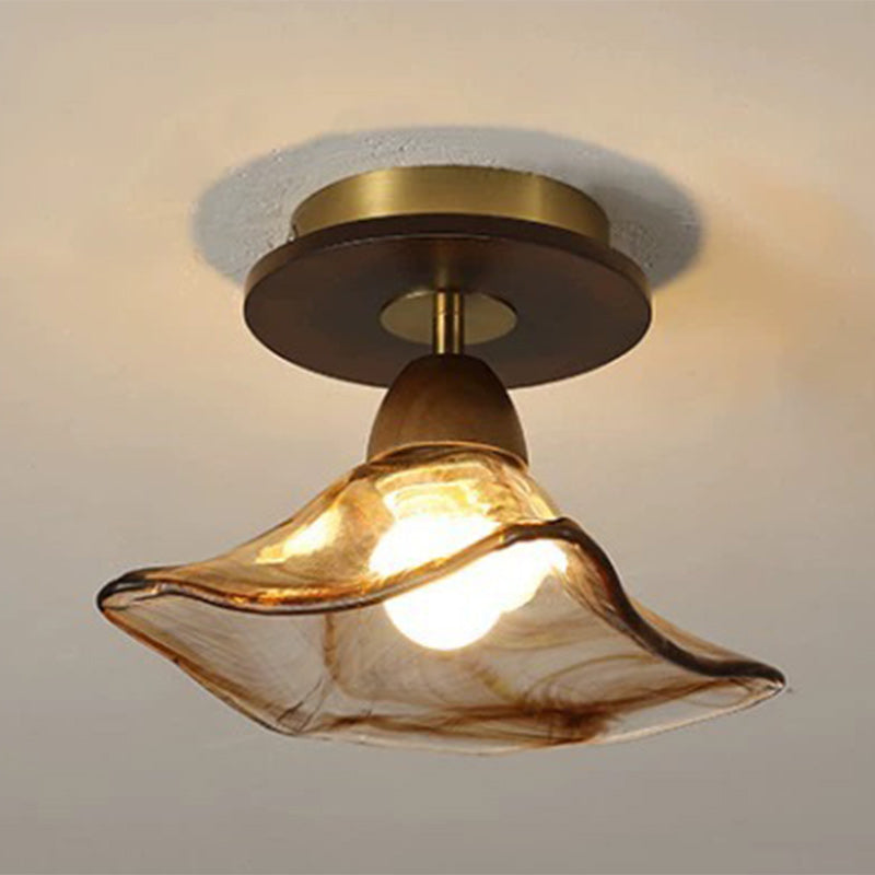 Moderne Mid-Century runde quadratische Spitzen-Gummi-Holz-Eisen-Glas 1-Licht-Halbeinbau-Deckenleuchte für das Wohnzimmer 