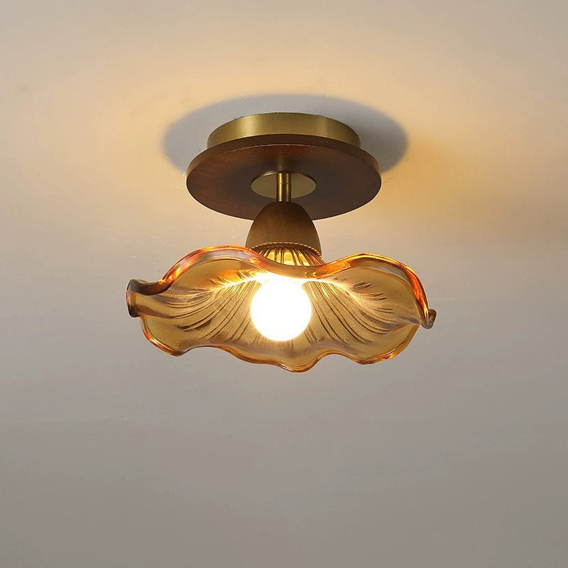 Moderne Mid-Century runde quadratische Spitzen-Gummi-Holz-Eisen-Glas 1-Licht-Halbeinbau-Deckenleuchte für das Wohnzimmer 