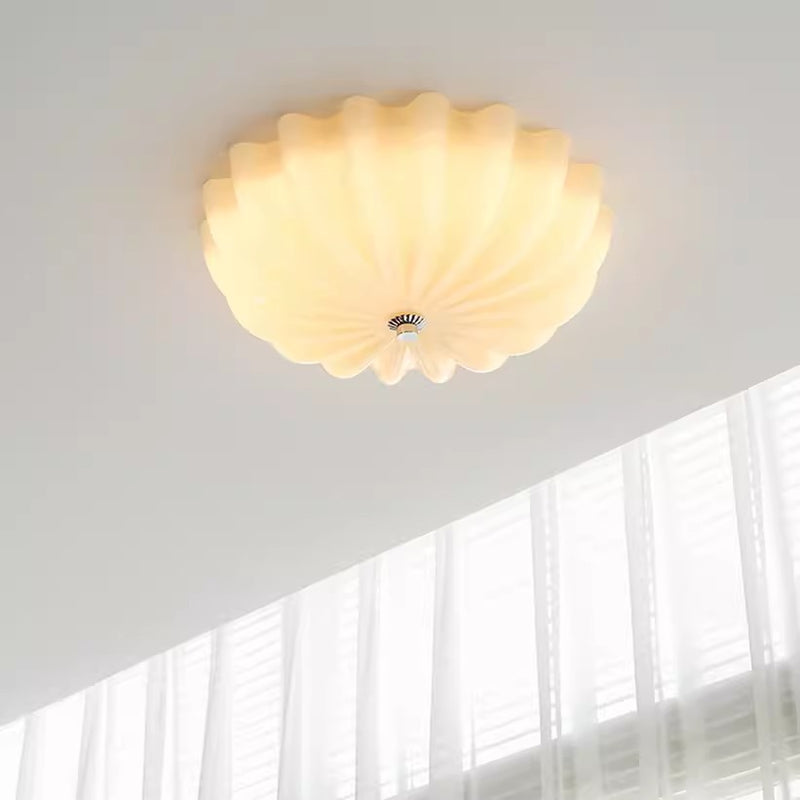 Modern Mid-Century Cream Round Petal Hardware Glass LED Flush Mount Ceiling Light For Bedroom
