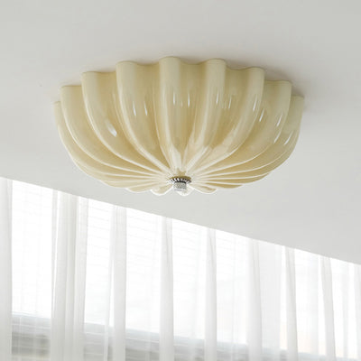 Modern Mid-Century Cream Round Petal Hardware Glass LED Flush Mount Ceiling Light For Bedroom