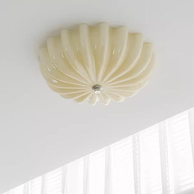 Modern Mid-Century Cream Round Petal Hardware Glass LED Flush Mount Ceiling Light For Bedroom
