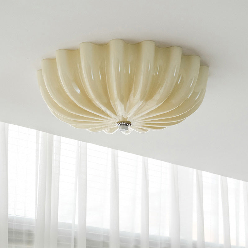 Modern Mid-Century Cream Round Petal Hardware Glass LED Flush Mount Ceiling Light For Bedroom