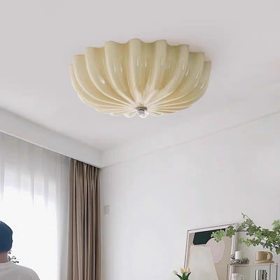 Modern Mid-Century Cream Round Petal Hardware Glass LED Flush Mount Ceiling Light For Bedroom