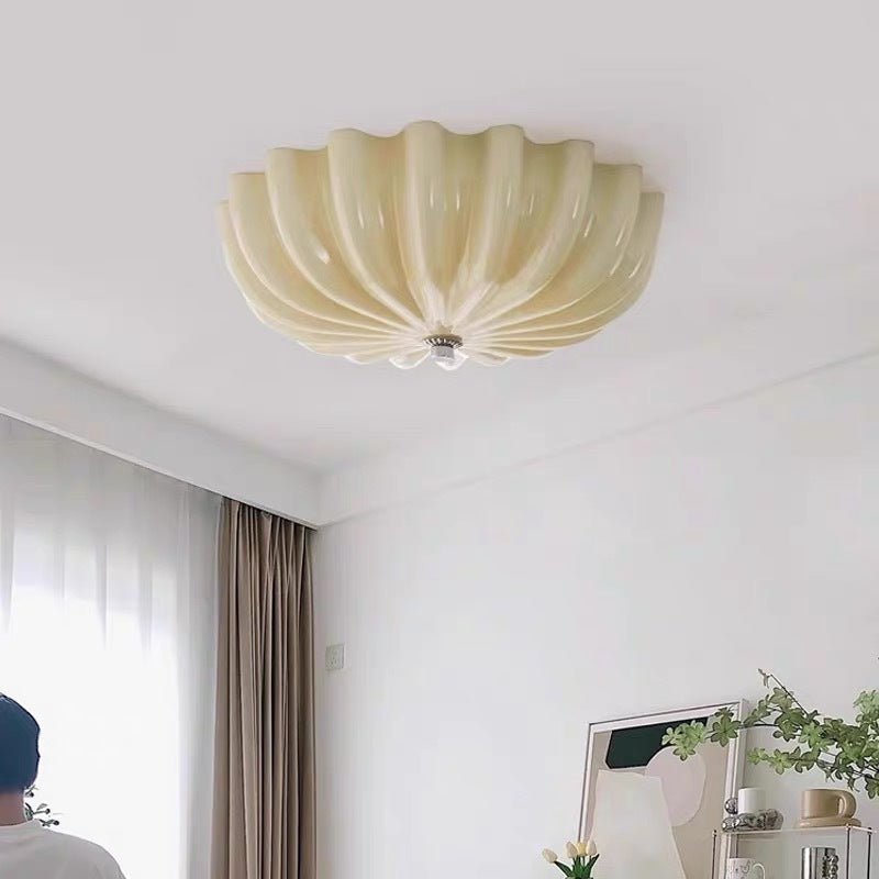 Modern Mid-Century Cream Round Petal Hardware Glass LED Flush Mount Ceiling Light For Bedroom