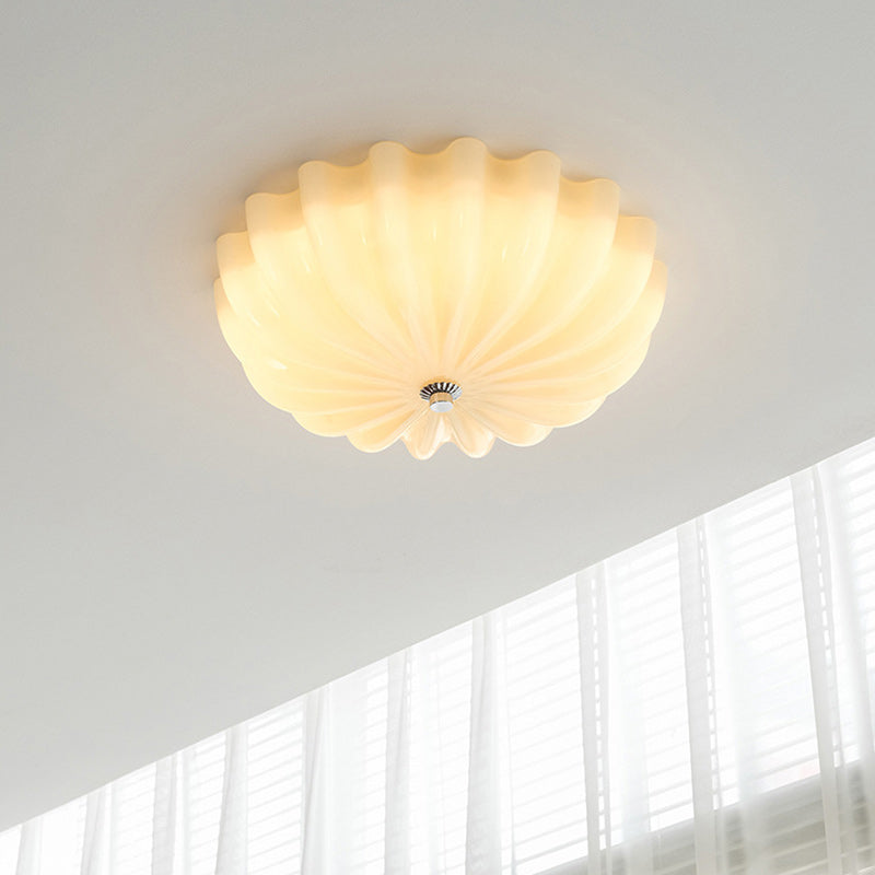 Modern Mid-Century Cream Round Petal Hardware Glass LED Flush Mount Ceiling Light For Bedroom