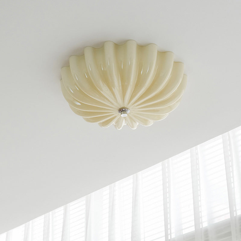 Modern Mid-Century Cream Round Petal Hardware Glass LED Flush Mount Ceiling Light For Bedroom