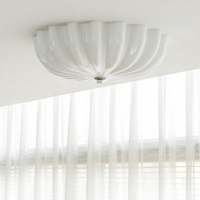 Modern Mid-Century Cream Round Petal Hardware Glass LED Flush Mount Ceiling Light For Bedroom