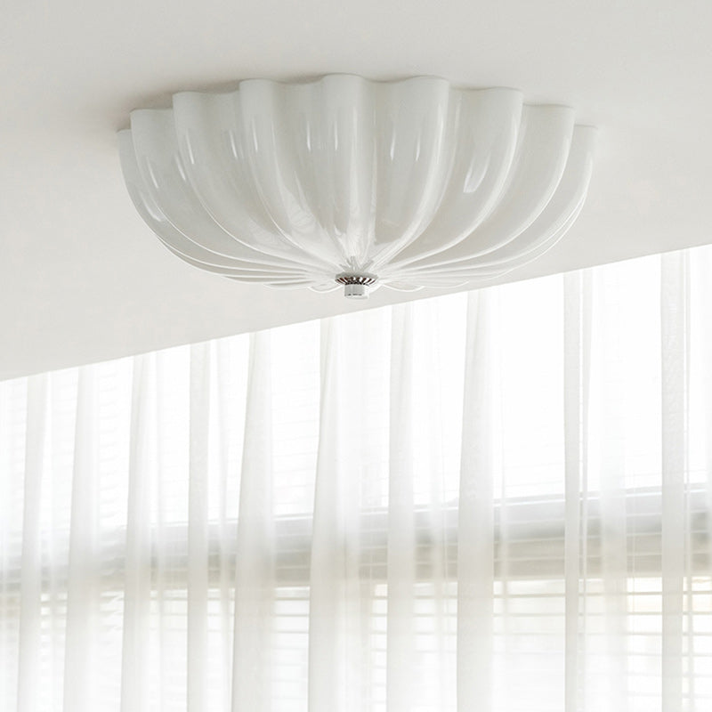 Modern Mid-Century Cream Round Petal Hardware Glass LED Flush Mount Ceiling Light For Bedroom