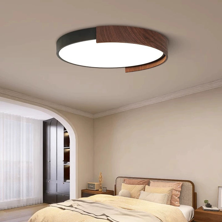 Zeitgenössische Retro Runde Holzmaserung Eisenrahmen Acryl LED Deckenleuchte für Schlafzimmer 