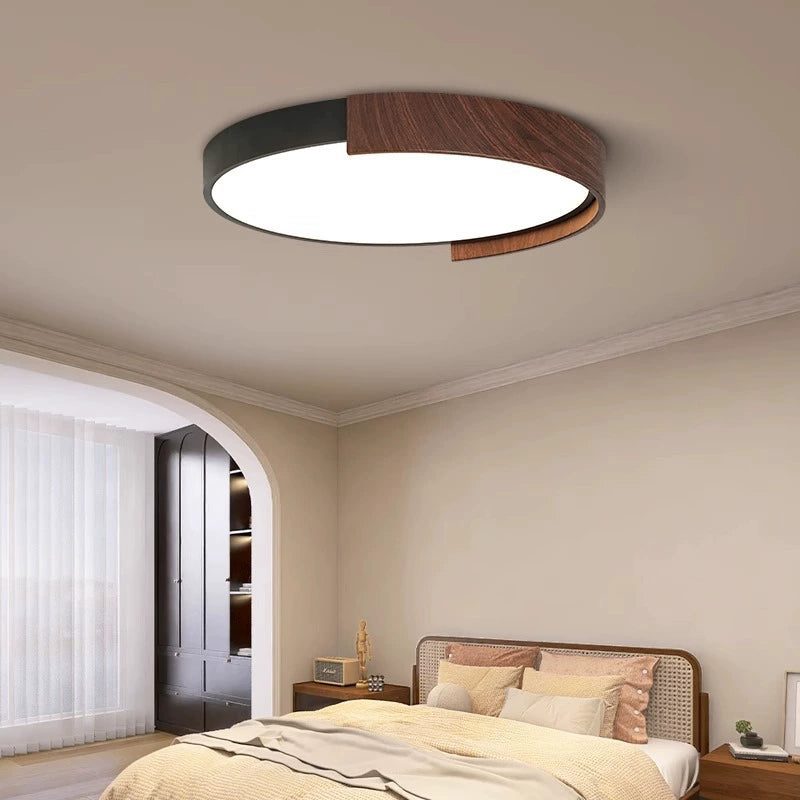 Contemporary Retro Round Wood Grain Iron Frame Acrylic LED Flush Mount Ceiling Light For Bedroom