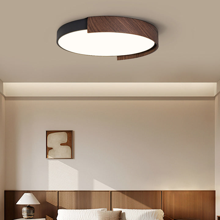 Zeitgenössische Retro Runde Holzmaserung Eisenrahmen Acryl LED Deckenleuchte für Schlafzimmer 