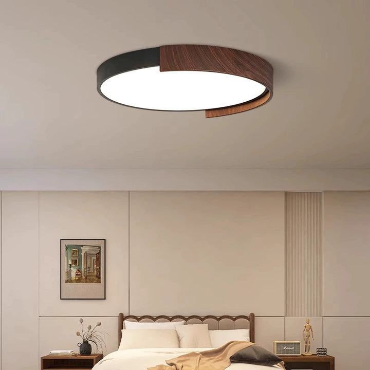Zeitgenössische Retro Runde Holzmaserung Eisenrahmen Acryl LED Deckenleuchte für Schlafzimmer 