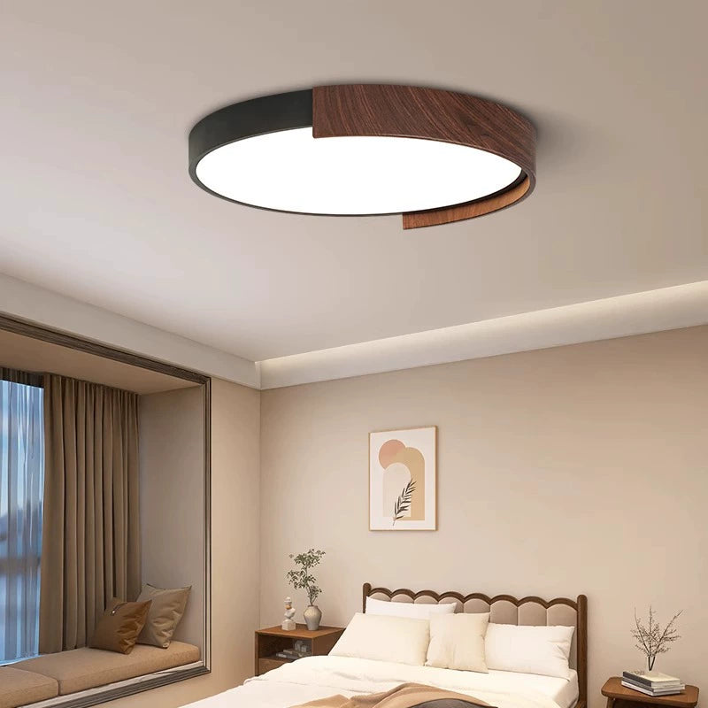Zeitgenössische Retro Runde Holzmaserung Eisenrahmen Acryl LED Deckenleuchte für Schlafzimmer 